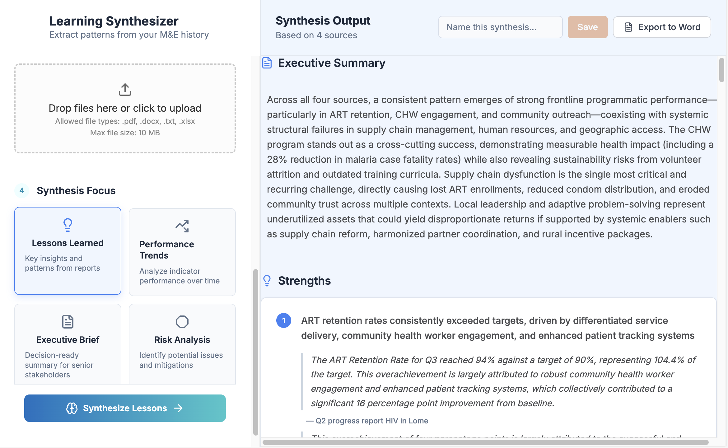 Logiqa Learning Synthesizer showing a synthesis output with executive summary and sourced findings