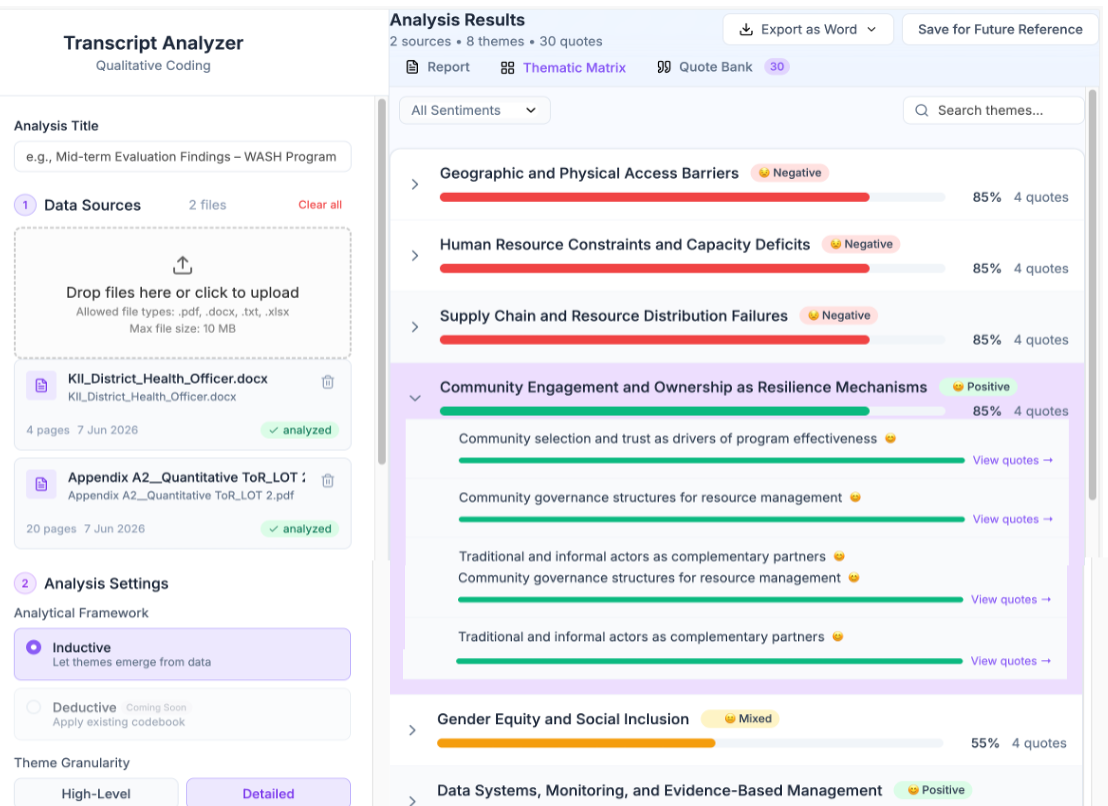 Logiqa Transcript Analyzer showing coded themes